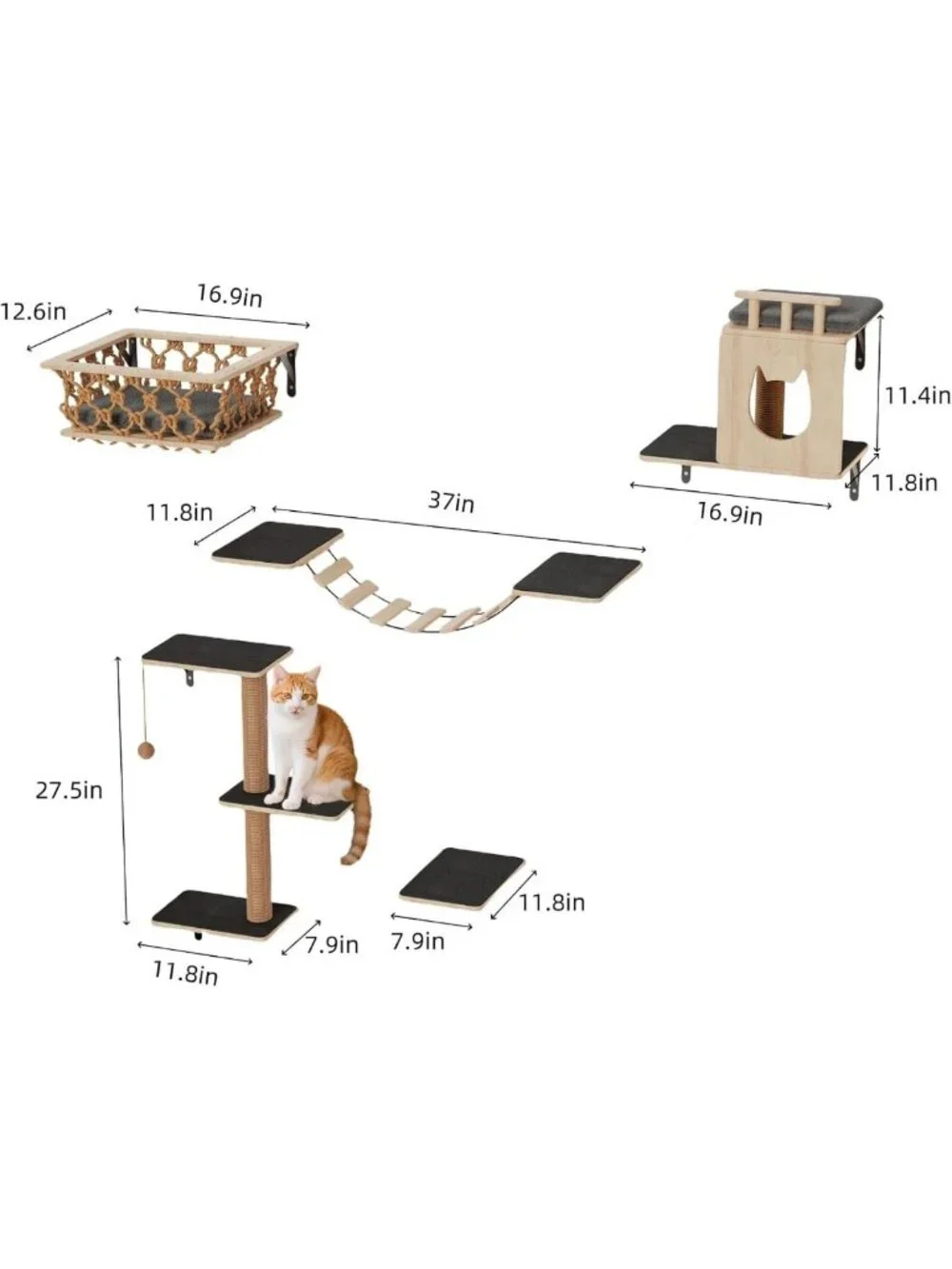 5-in-1 Cat Wall Shelves Set with Hammock, Condo, Bridge & Steps - Indoor Cat